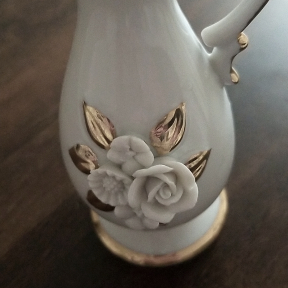 White Porcelain Miniature Pitcher Vase Gold Trim 5 Inch - Picture 2 of 4